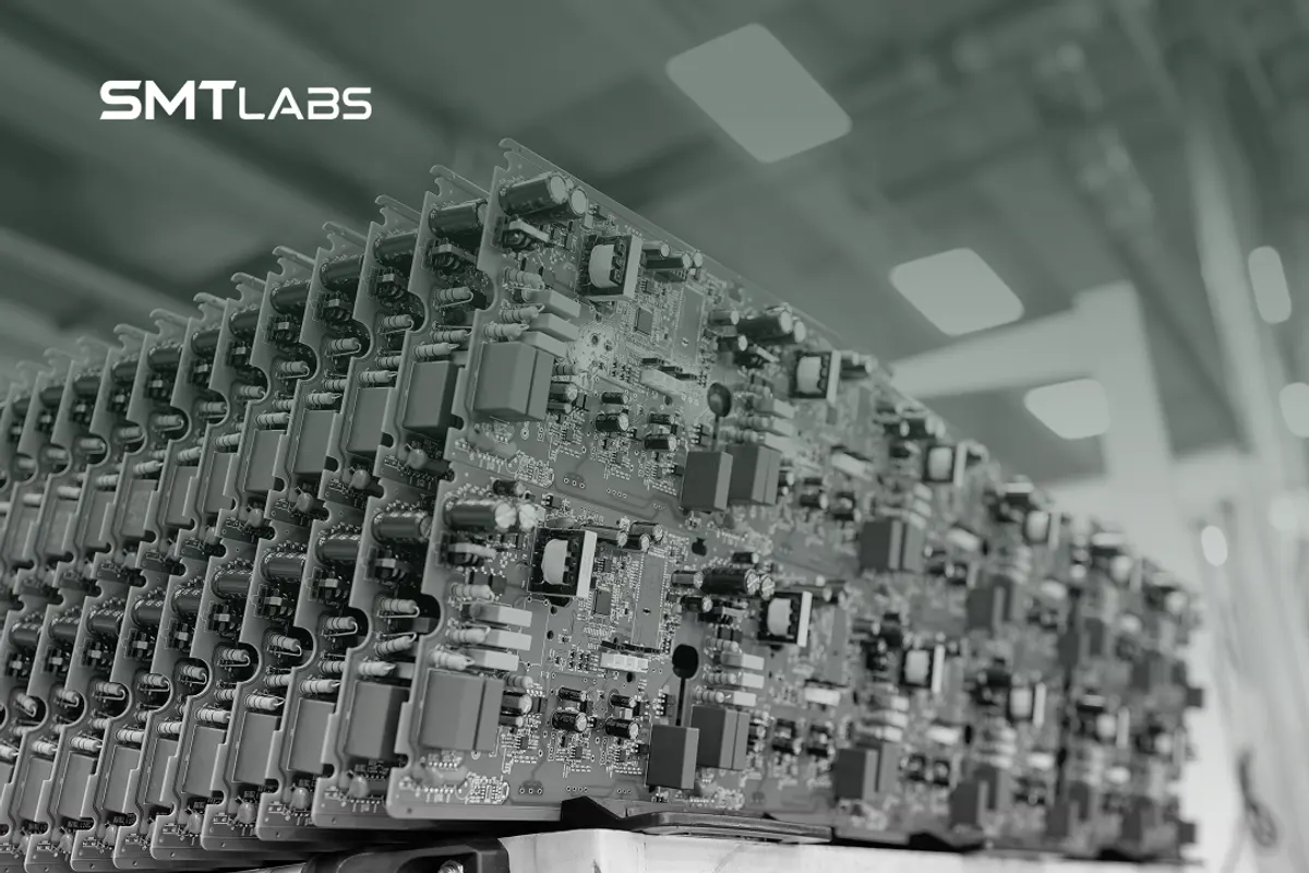 Dizgi hattından çıkan, panelde sıralanmış monte edilmiş elektronik kartlar